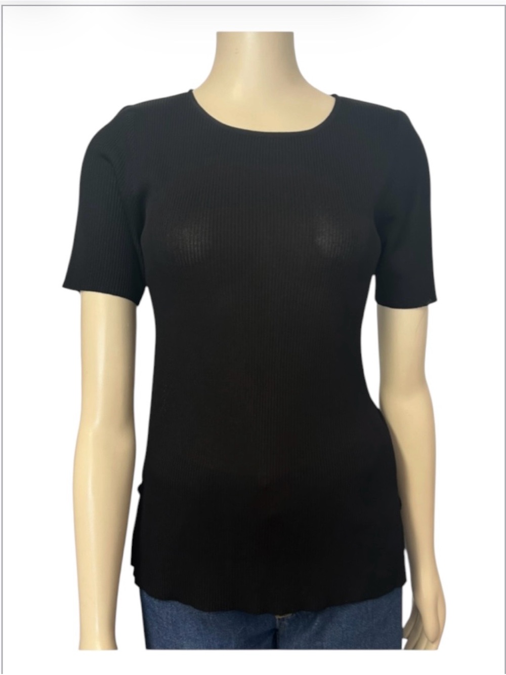 Exclusively Misook Petite Black Short Sleeve Knit Ribbed Top Womens XXS